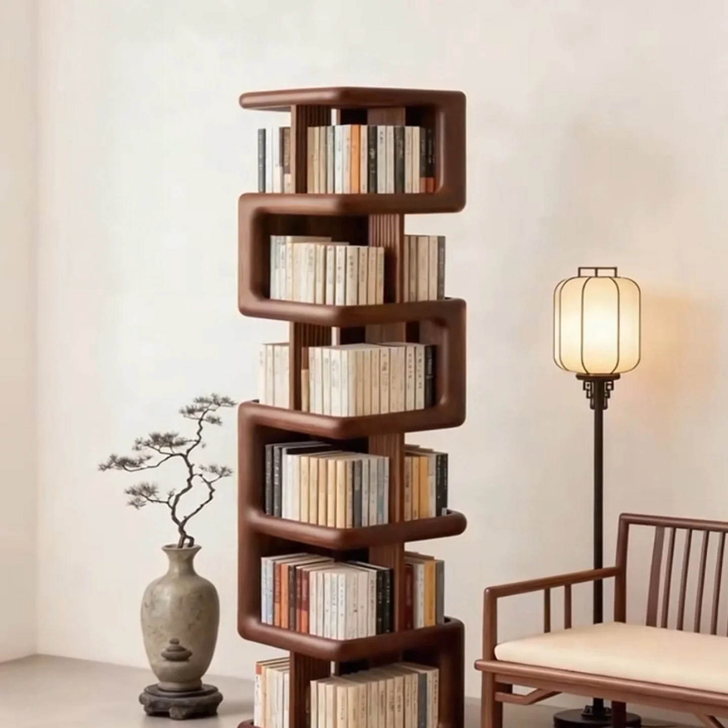 Black walnut rotating floor shelf - corner cabinet for living room