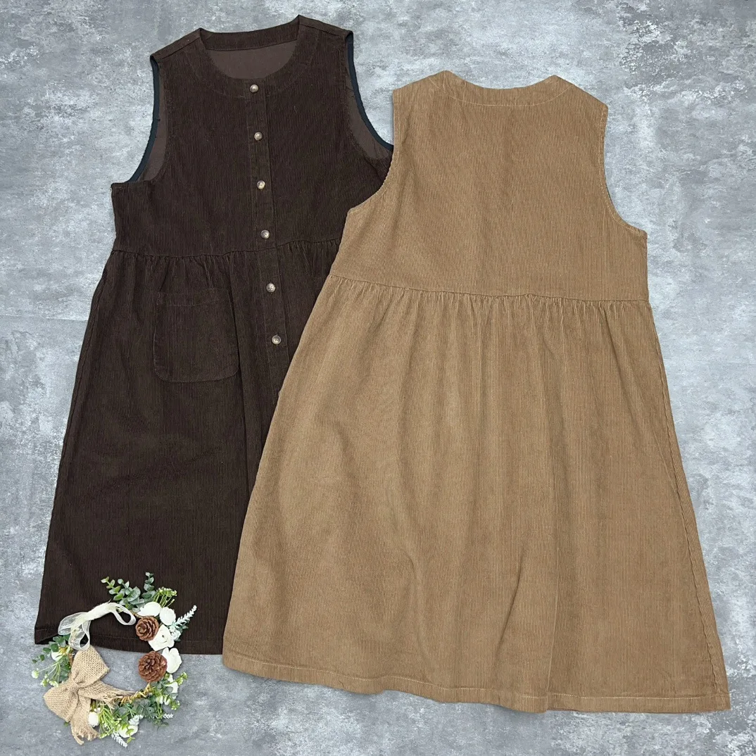 Johnature Corduroy button-down vestjurk voor dames Grote zakken Casual veelzijdige katoenen dames tankjurken