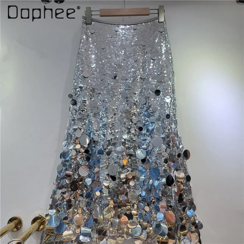 

European American High-End Shiny Sequin Heavy Craft Skirts Evening Dress Fashion Elegant Socialite A-Line Mid-Length Skirt Women