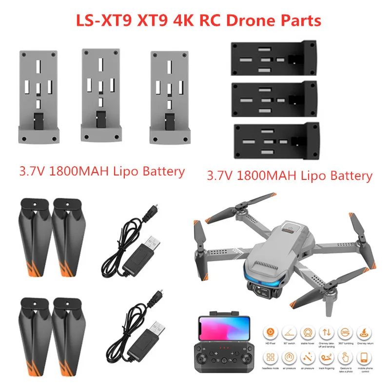 LS-XT9 드론 배터리, LS-XT9 RC 드론 XT-9 예비 부품 블레이드 XT9 XT-9 RC 드론 모터용, 프로펠러 USB 라인, 3.7V, 1800MAH