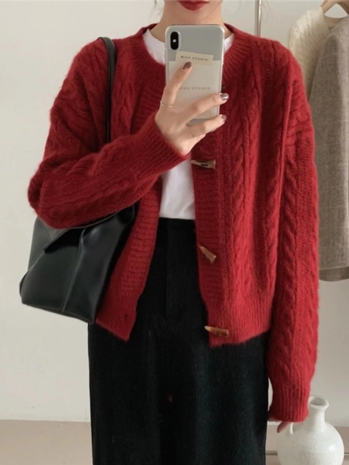 

Women's Loose Knitted Sweater Spring Autumn Red Twist Soft Cozy ort Cardigan Coat Casual Sle round Ne Single Button