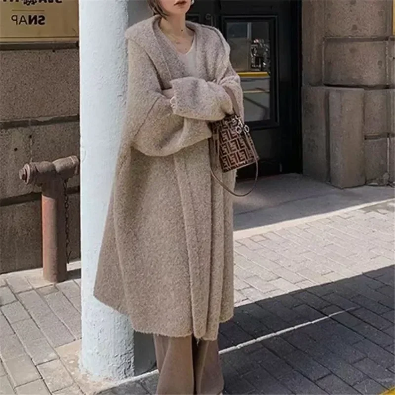 Autumn and Winter Luxury Warm Vintage Casual Hooded Coat Korean Design Plush Maxi Long Cardigan Fluffy Long Sleeve Sweater Women