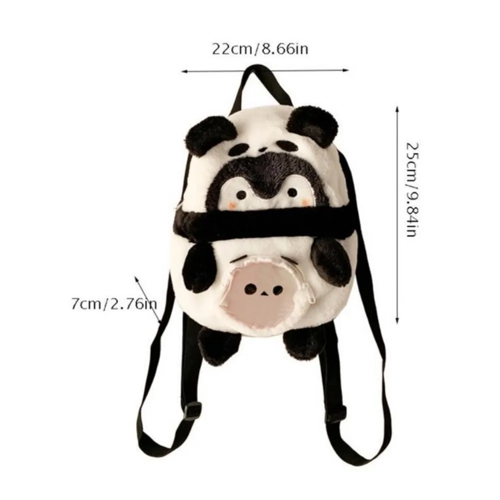 Mochila dos desenhos animados de grande capacidade, mochila de pelúcia preta e branca macia, panda e pinguim, resistente à sujeira