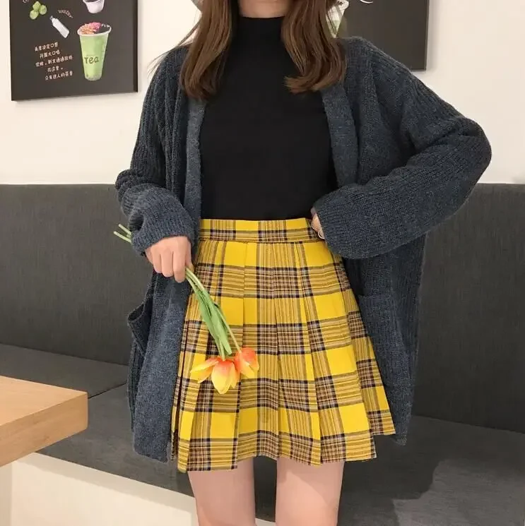 New Women Fashion Street Style Big Size High-Waisted Yellow Chequered A-shaped pleated Charming Fashion Short Skirt XS-5XL