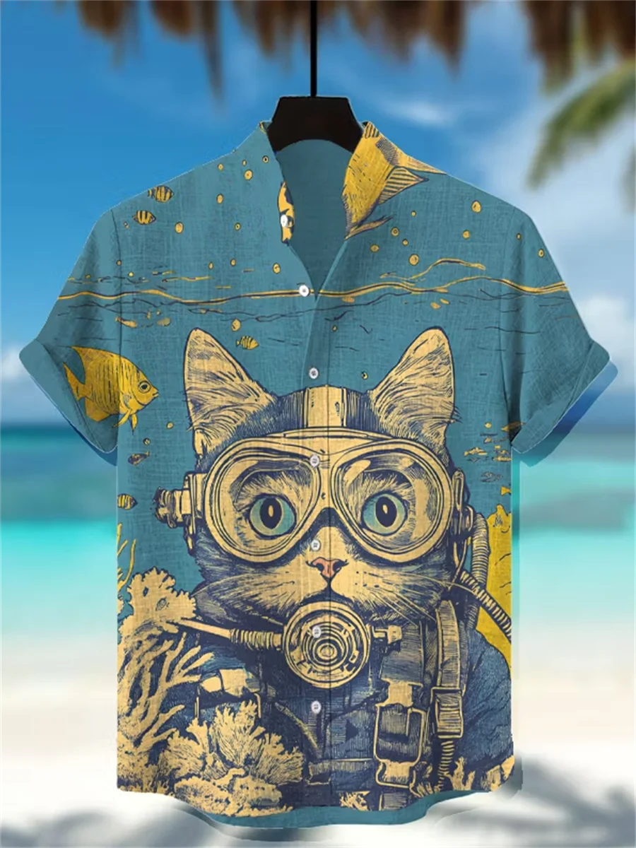 

Hawaiian style men's short sleeved linen shirt, button design, digital printing, casual and comfortable, fashionable dressing