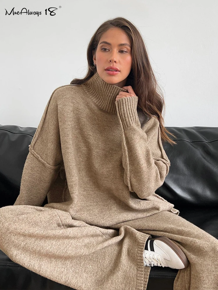 Mnealways18 Elegant 2-Piece Sets Women Knitted Sweater Outfits Wide Legs Pants Office Ladies Autumn Winter 2024 Solid Tracksuit