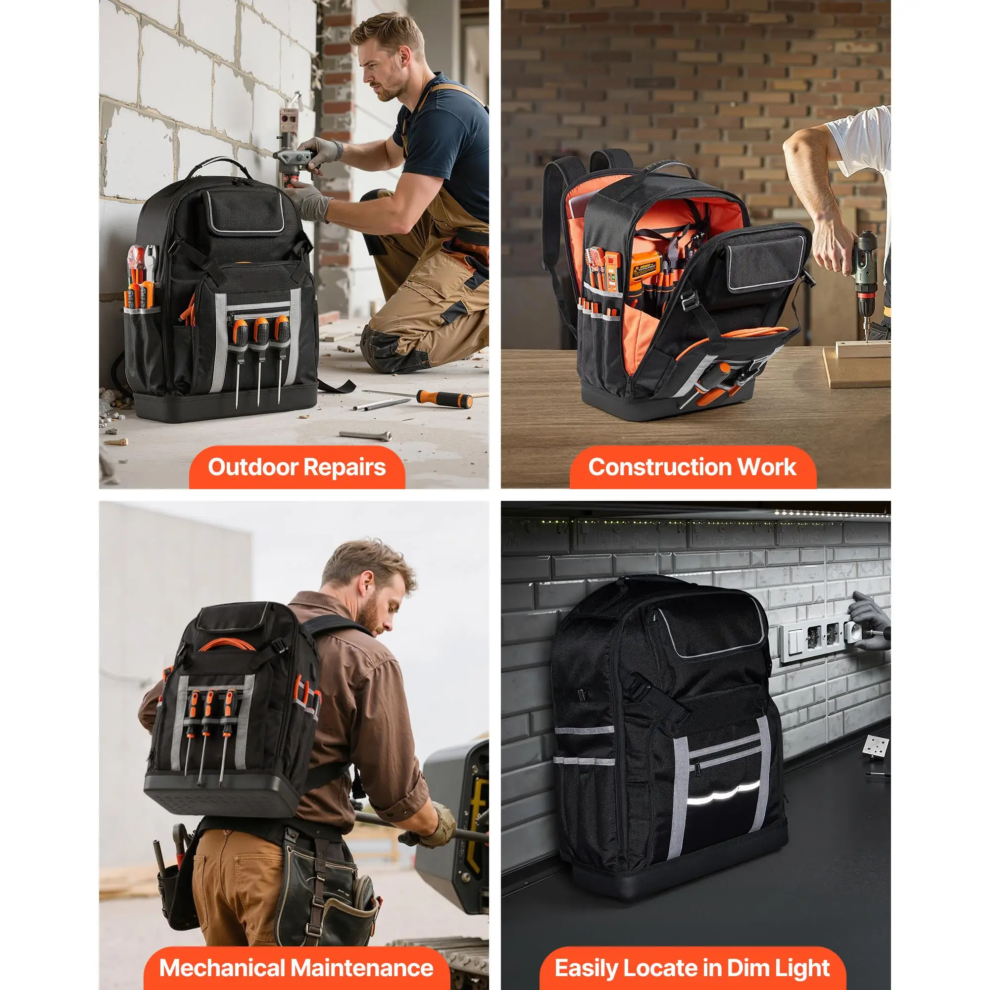 Tool Backpack 56 Pockets Heavy Duty Tool Storage Organizer with Molded Base Electrician Jobsite Bag for construction HVAC Repair and Industrial Work