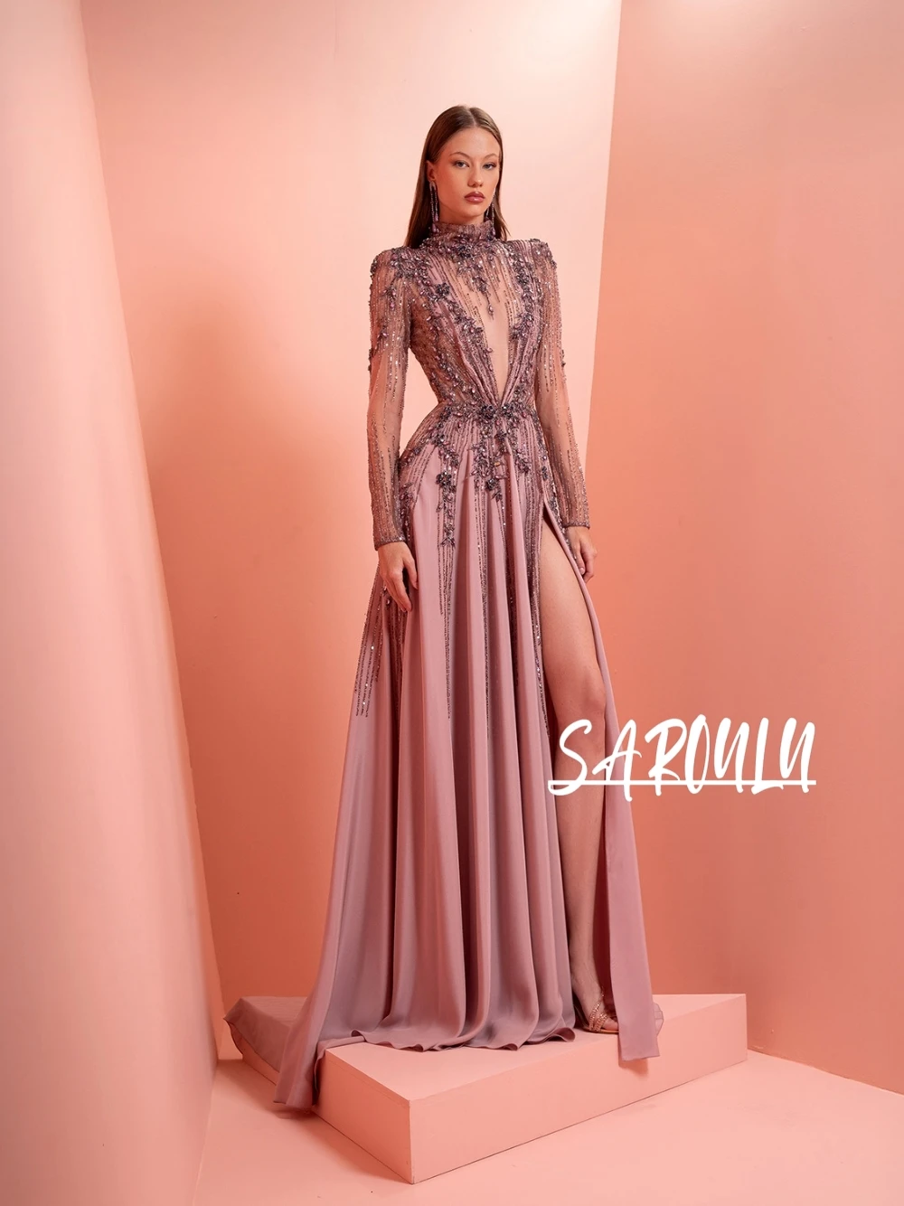 

New Arrival Elegant Sheer Long Sleeve Prom Dress Mauve High Neck Evening Gown With Intricate Embellishments Sexy Side Slit Wear