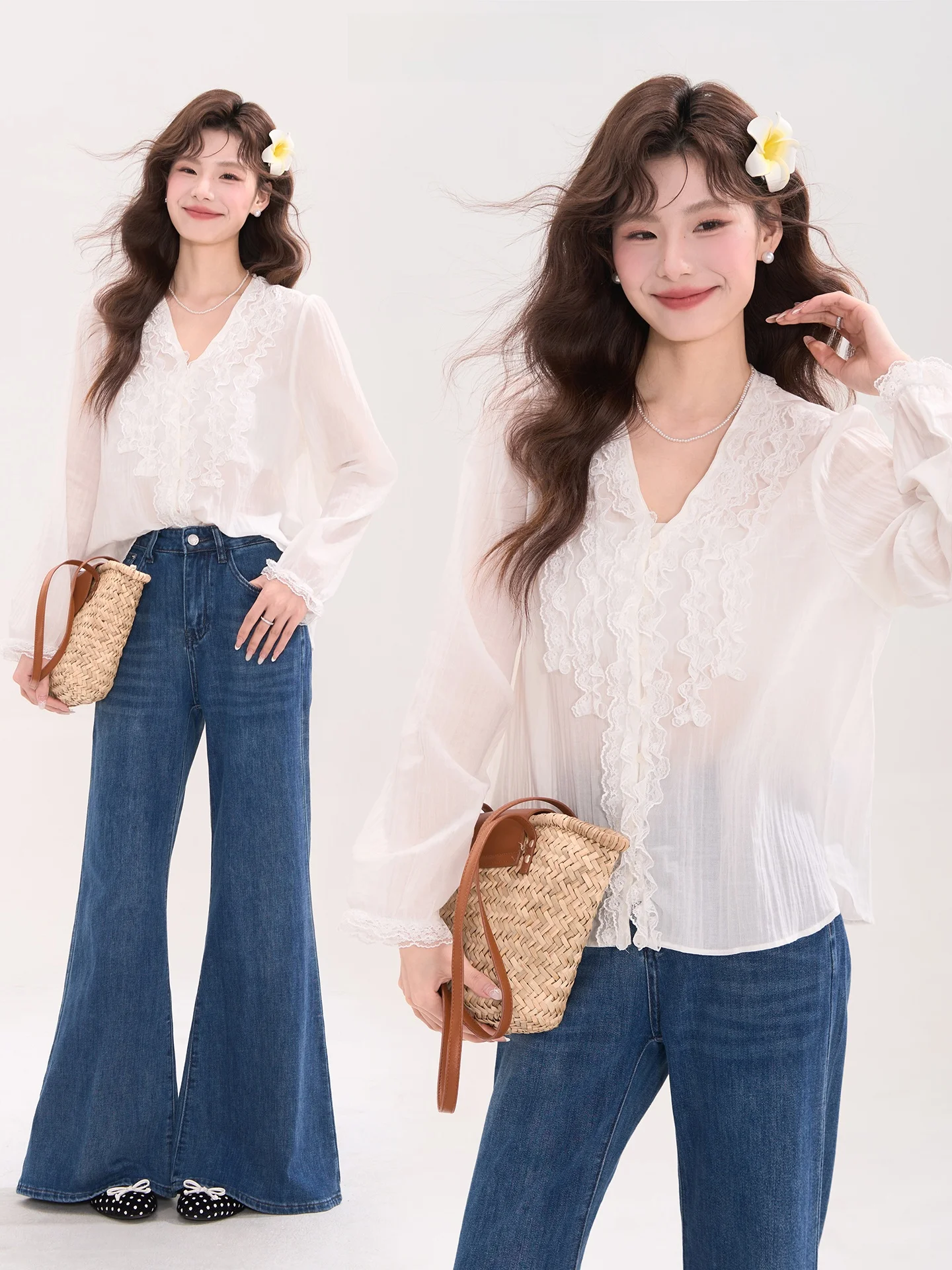 

Романтическая кружевная женская блузка с длинным рукавом и V-образным вырезом, с цветочным узором, свободного кроя, из смесового хлопка, модная, элегантная.