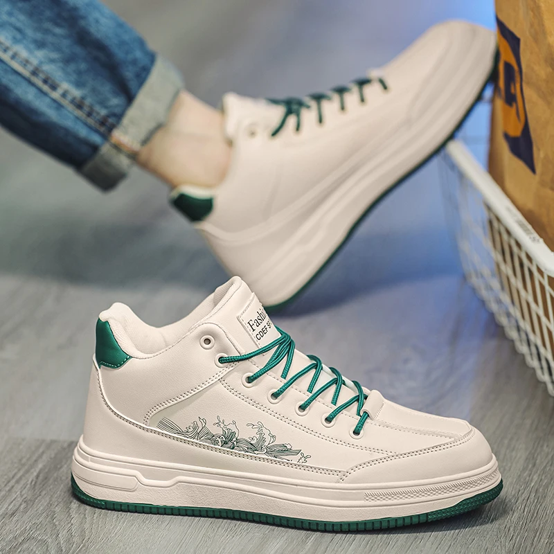 

2026 New Four Seasons Men High Top Skate Shoes Leather Waterproof White Shoes Casual Sports Sneakers