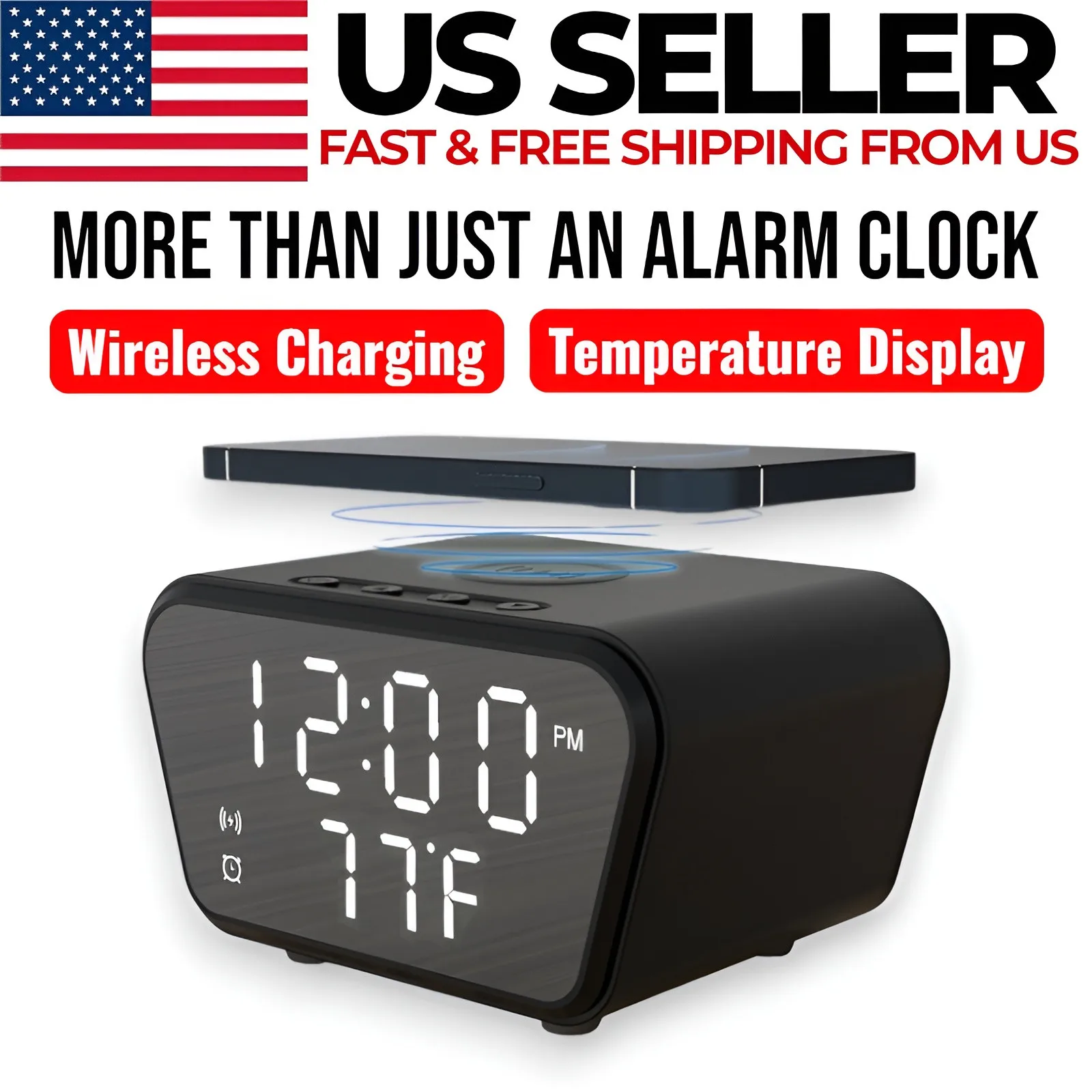 

Wireless Charging Alarm Clock with Temperature Display, LED Nightstand Clock