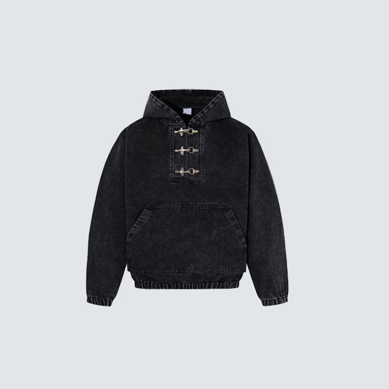 American Style Vintage Hooded Sweatshirt With Metal Airplane Button Y2k Half Open Cardigan Loose Shoulder Style Pullover Jacket