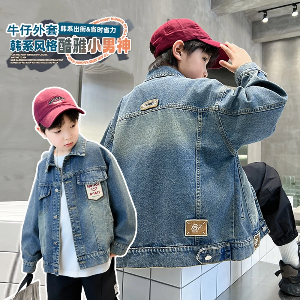2025 Spring Autumn Children Blue Washed Denim Jacket For Kids Boys Loose Long Sleeve Fashion Jeans Jacket Coat 4-14 Year old