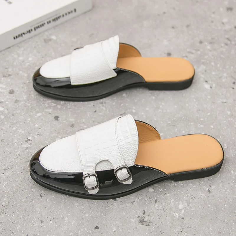 

Luxury Brand Mules Italian Summer Men Sandals Loafers Half Shoes Double Buckle Leather Men's Shoes Designer Male Slides Slippers