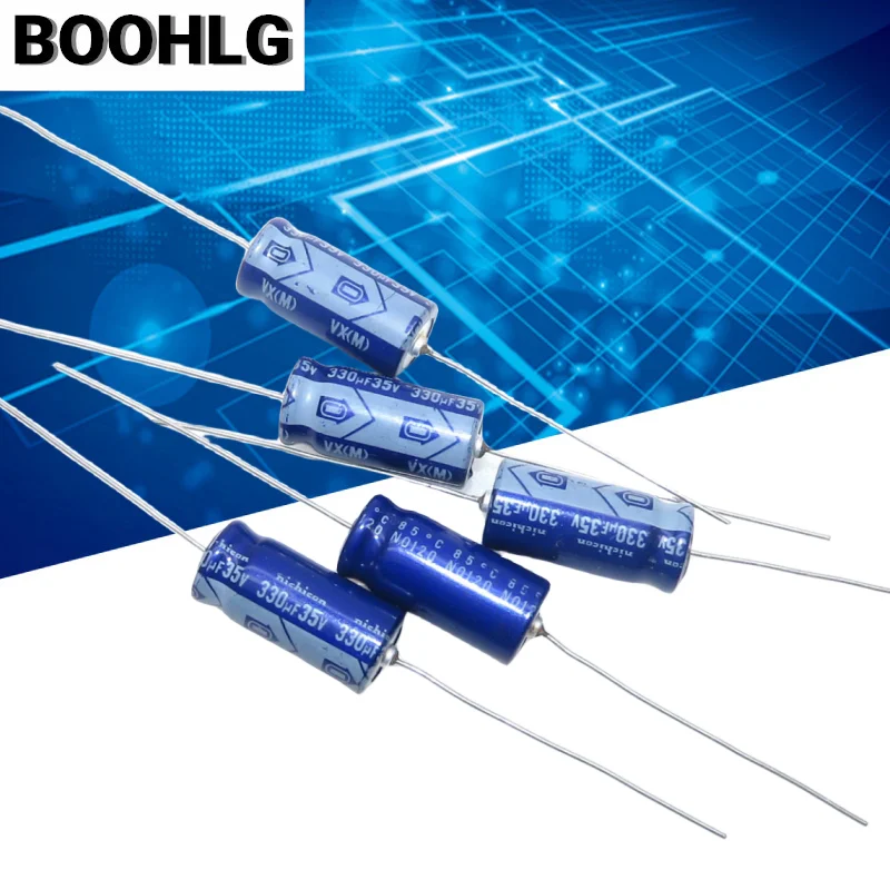 Imagem -02 - Capacitor Eletrolítico Polarizado Nichicon Axial Horizontal 35v 330uf 10x20 mm 10 Peças