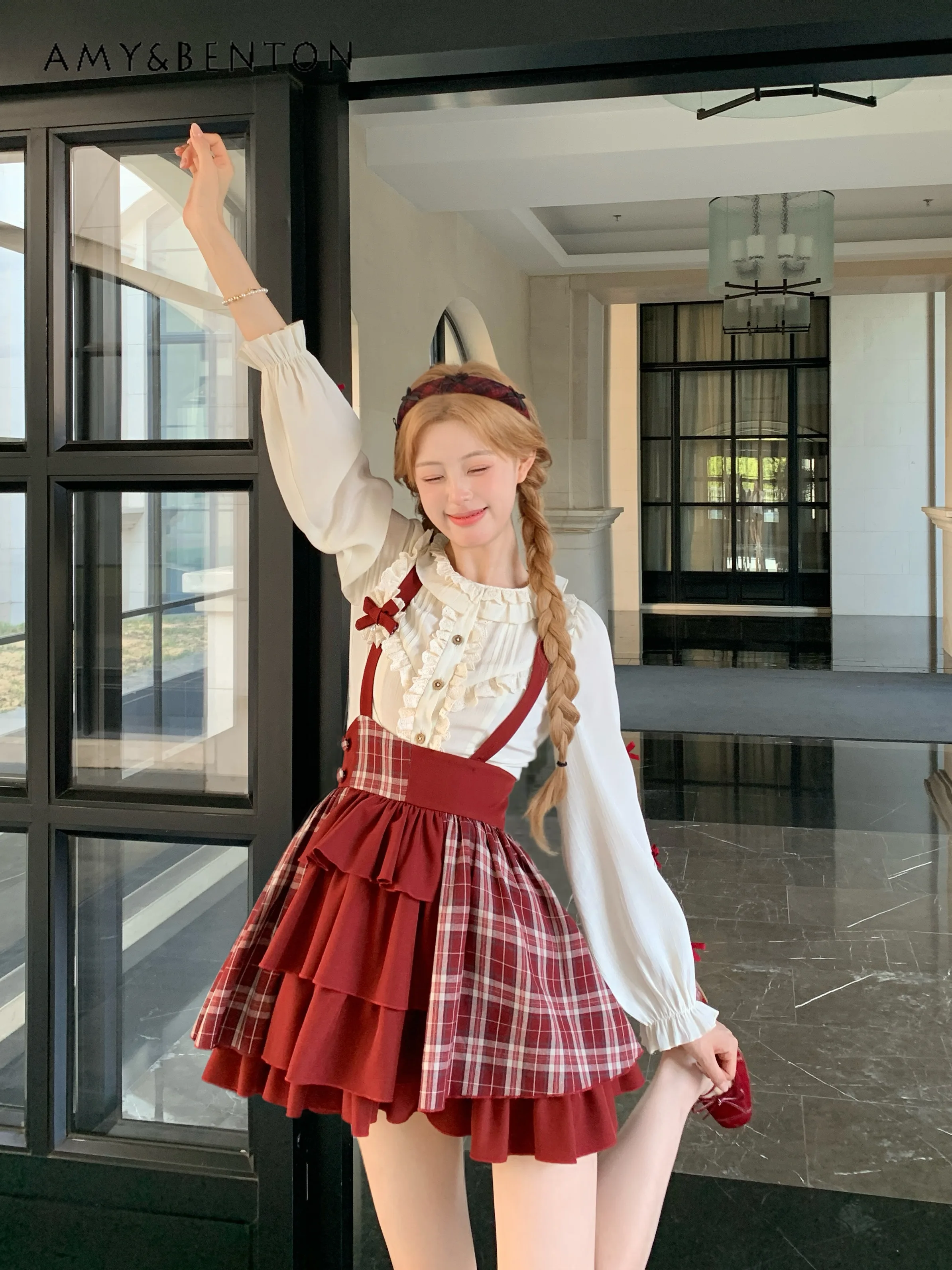 

2025 Summer New High-End Design Red Patchwork Plaid College Style Multi-Layer Puffy Slim Casual Daily Short Strap Skirt