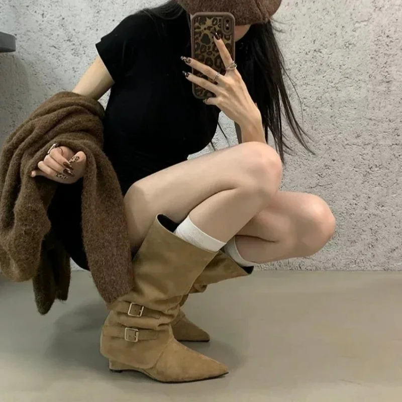 Women's Mid-calf Wedge Boots Shoes Spring and Autumn Women's Knee-Length Western Cowboy Boots Women's Footwear 5cm