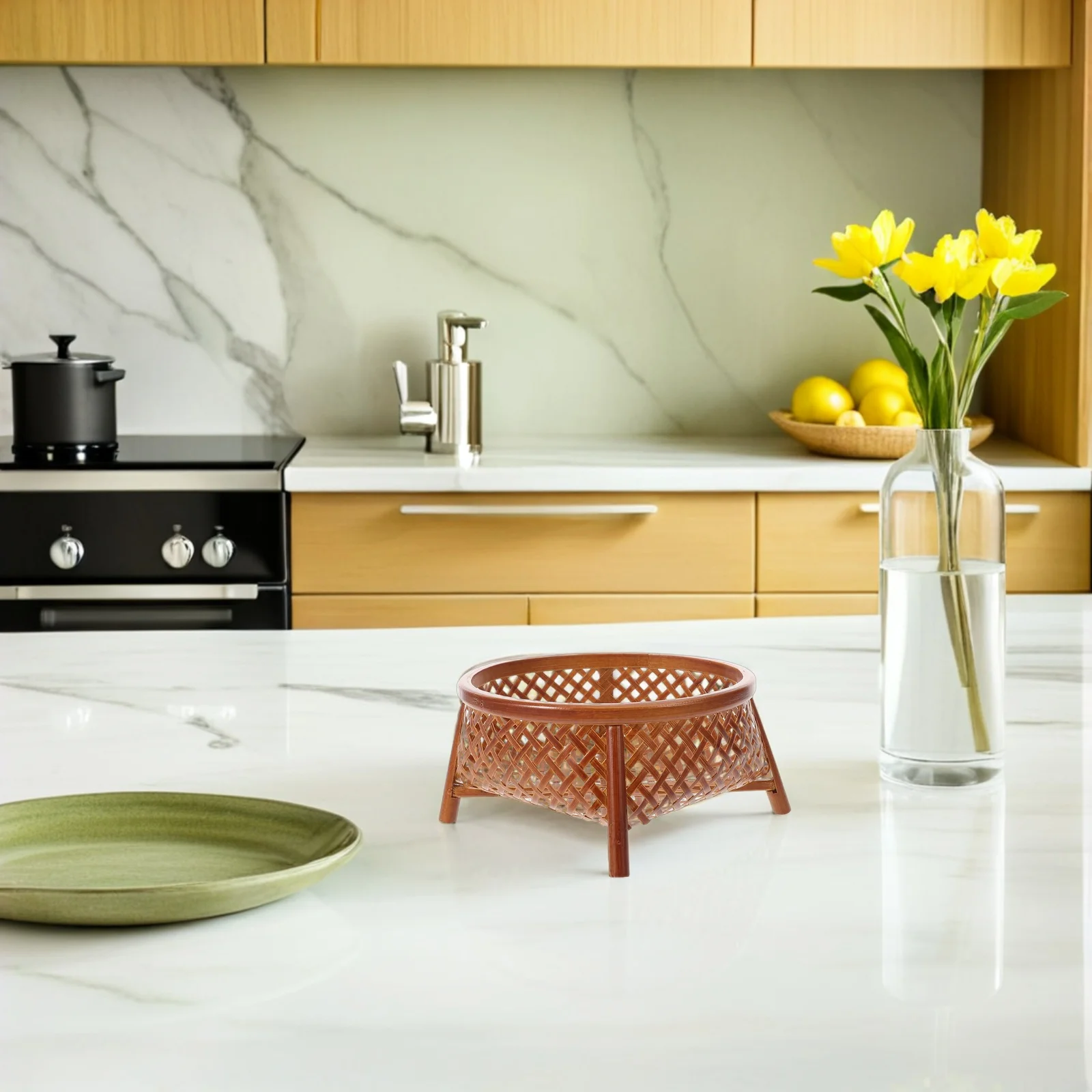 

Bamboo Fruit Basket 5.5X2.6In Round Storage Container For Kitchen Countertop Snack Bread Vegetable Organizer Woven Food Serving