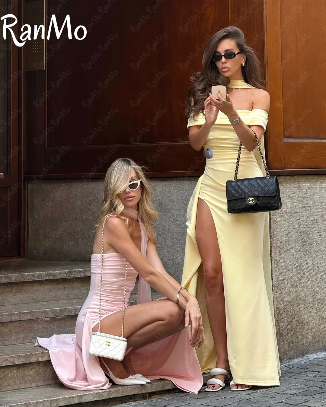 Ranmo Abito da sera elegante a sirena personalizzato Sciarpa con spalle scoperte Senza maniche Forcella laterale Abiti da occasione su misura Abiti da celebrità