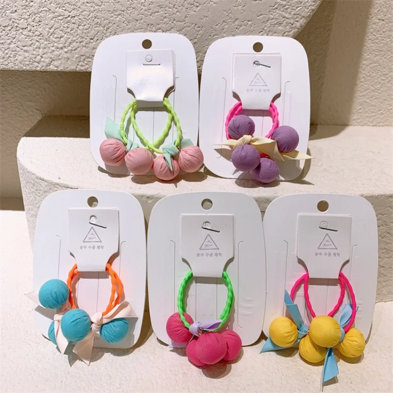 

Cute Fabric Hair Ties with Neon Pom Pons Knot Bow Design for Little Girls Bright Color Elastic Bands No Crease Soft Material