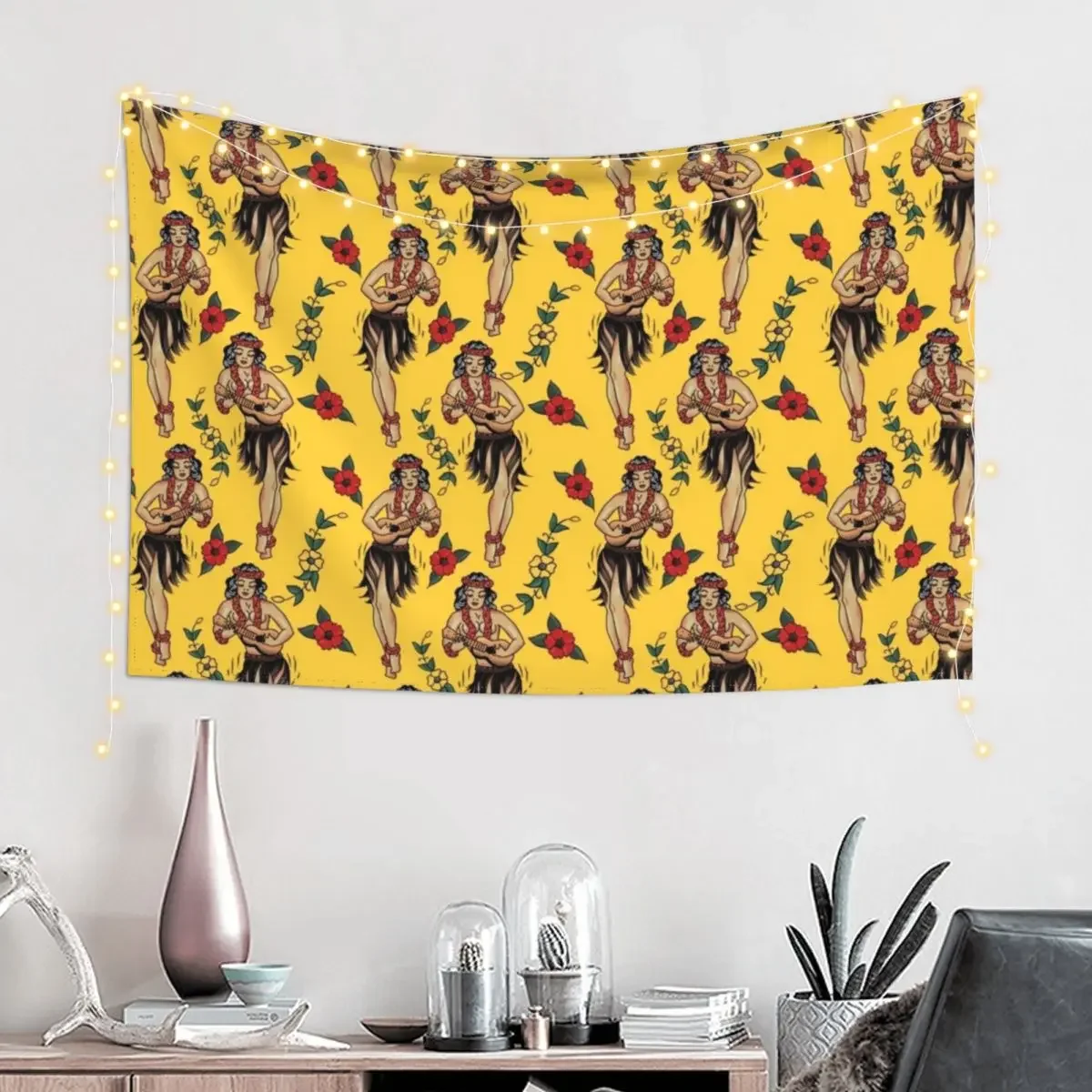 Jerry’s Traditional Aloha Hula Girls In Hawaii Pattern In Yellow Tapestry Decoration For Bedroom Wall Decoration Items Tapestry