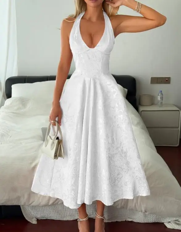 

2025 Spring/Summer Women's Fashion Sexy Elegant Solid Color V-neck Evening Dress Style, High end Hanging Collar Long Dress