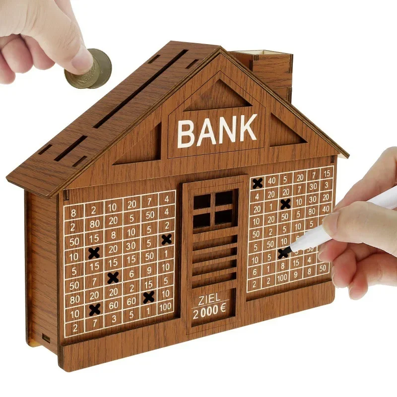 1000/2000 Euro Wooden Piggy Bank for Adult Kids Money Saving Box with Saving Goal and Numbers Boxes Reusable Money Box