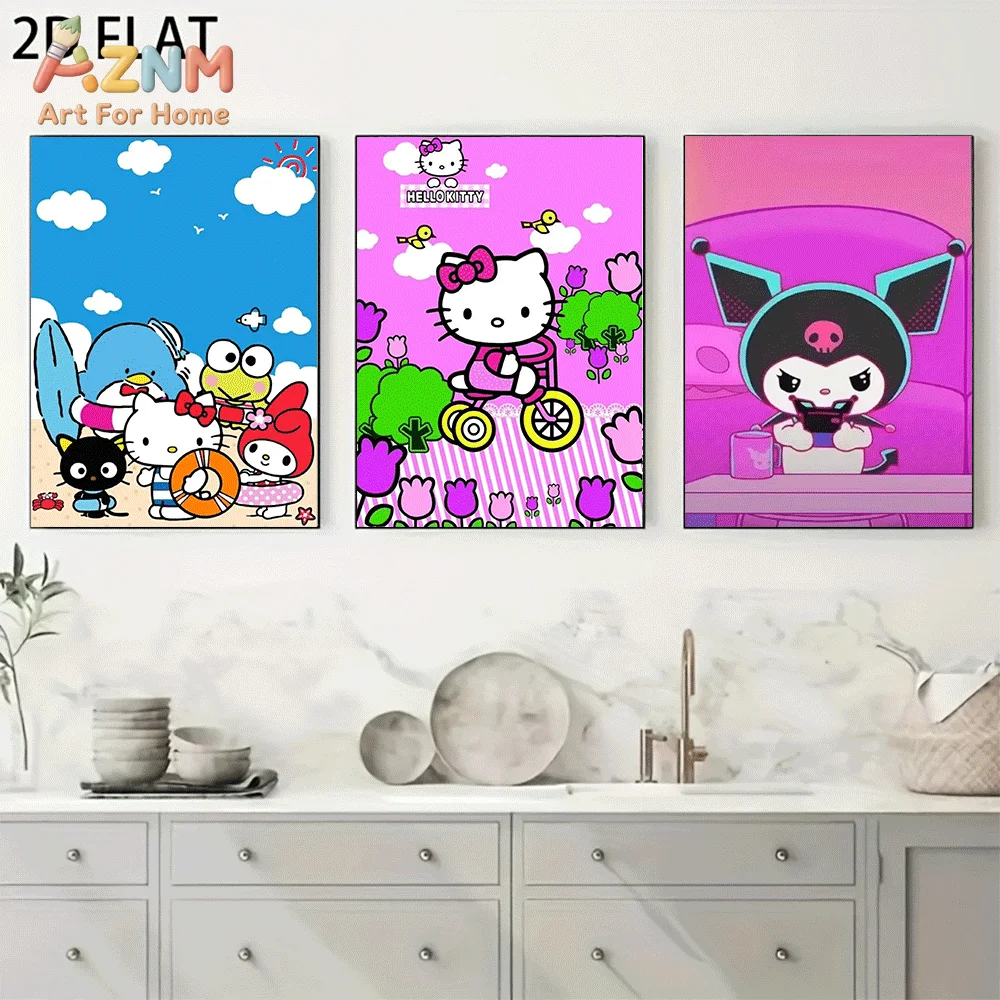AZNM Sanrio Hello Kitty Kuromi Canvas Wall Art Unframed Cute Cartoon Sanrio Friends Beach Bicycle Theme Print Painting Girls Bed