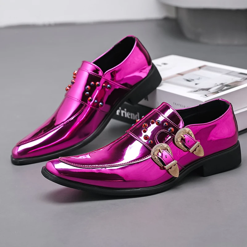 Men Chelsea Shoes PU Pointed Rivet Double Buckle Loafers English Gentlemen Banquet Nightclub Hairstylist Shoes