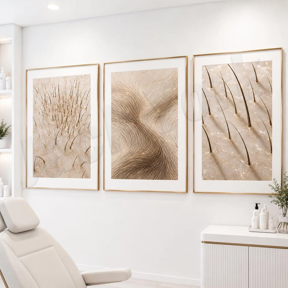 Hair transplant art, hair follicle art, trichology, scalp anatomy, hair follicle structure, scalp health, scalp clinic posters