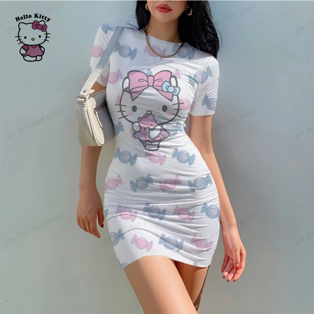 Office women's tight fitting dress Hello Kitty printed tight fitting temperament slim fitting short sleeved dress 2024 summer se