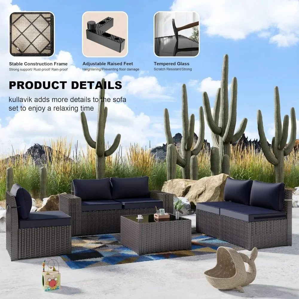 6PCS Outdoor Patio Furniture Set PE Wicker Rattan Sectional Sofa Patio Conversation Sets