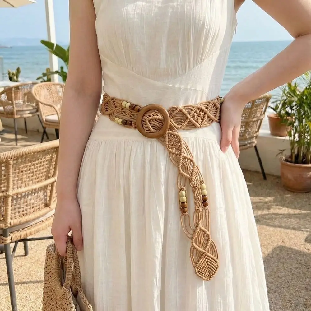 Casual Woven Weave Belt Retro Hollow Out Ethnic Style Waistband Wooden Beads PU Leather Bohemian Style Belt Women