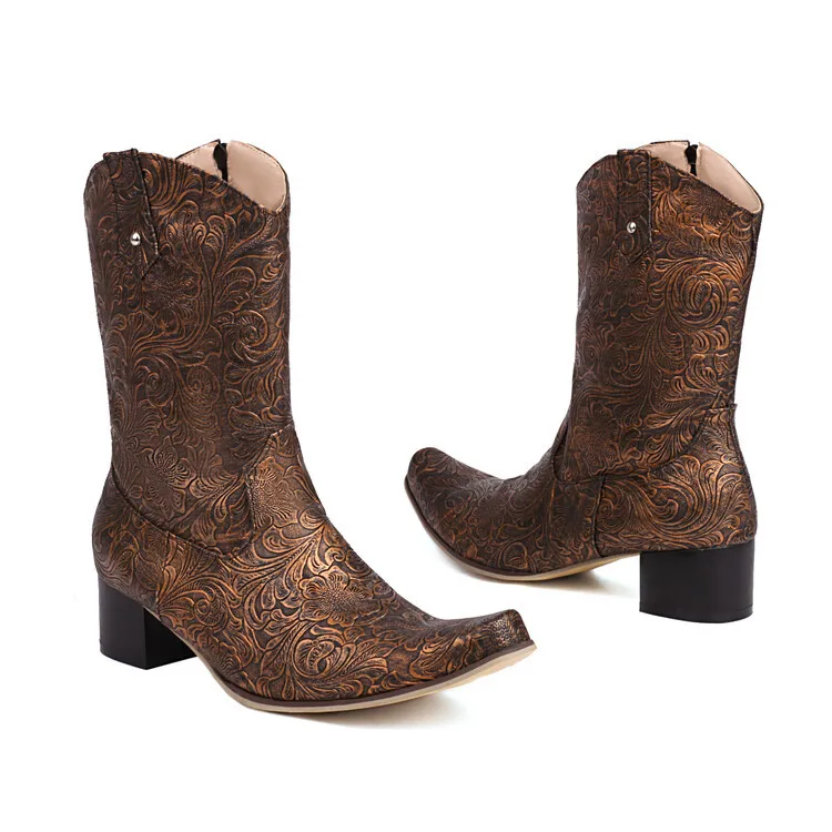 

Retro Western Cowboy Men's Boots Martin Boots New Thick Heels, Mid Heels, Pointed Head, Mid Barrel Knight Cross Border