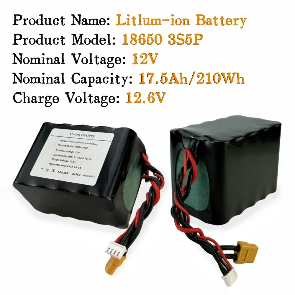For Various RC Airplane Drone Quadrotor XH2.54-4P XT60 18650 3S5P 12V 17.5Ah Lithium Ion Rechargeable Battery Pack