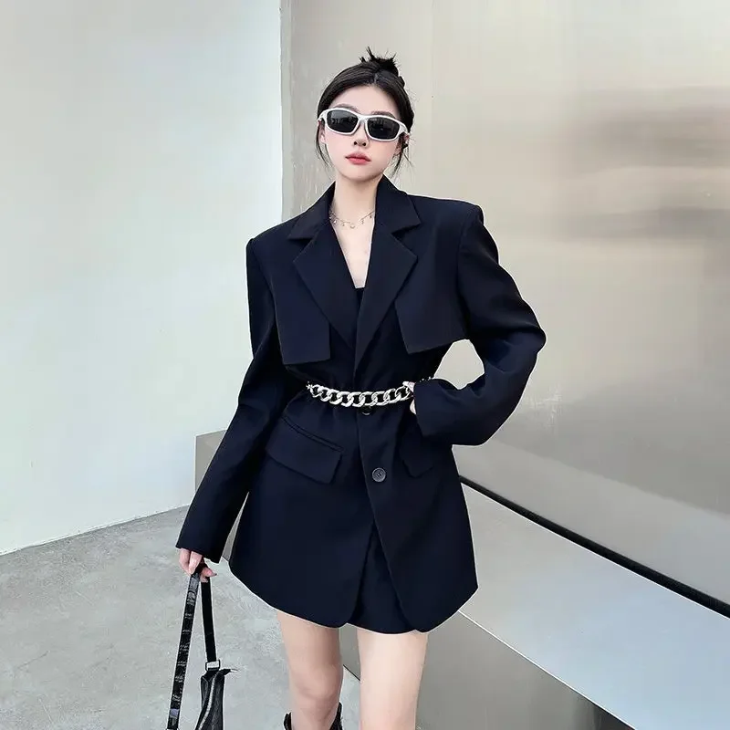 

New Women Black Profile Waist-Tight Suit Jacket Female Temperamental Blazer Niche Design HighGrade Outwear Casual Trendy Outcoat