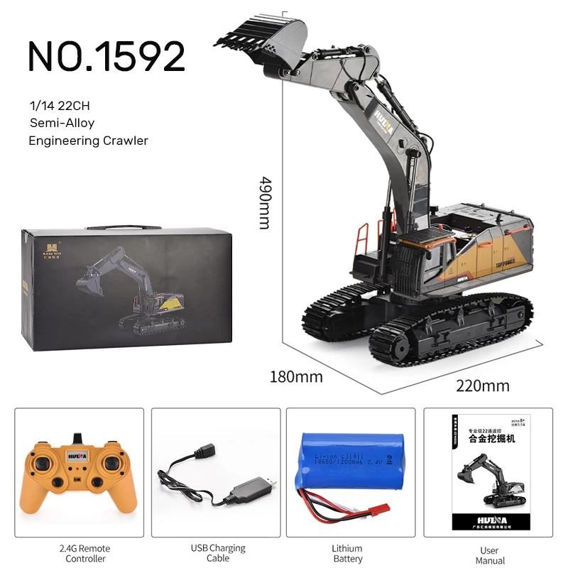 HUINA 1592 RC Graafmachine Schaal 1:14 22 Kanalen 2.4G Semi-Legering afstandsbediening Techniek Rupstrekker Kindercadeau