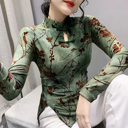 Vintage Mesh T Shirt Top Female Full Sleeve Flocking Chinese Style Collar Floral High Stretchy Tee Shirts For Women