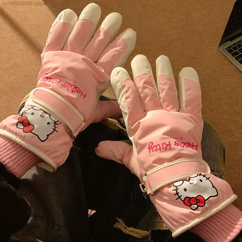 Sanrio Hello Kitty piękne rękawiczki rowerowe kobiety różowe pluszowe, wiatroszczelne i ciepłe rękawiczki dziewczyny prezent Y2k kreskówka słodkie