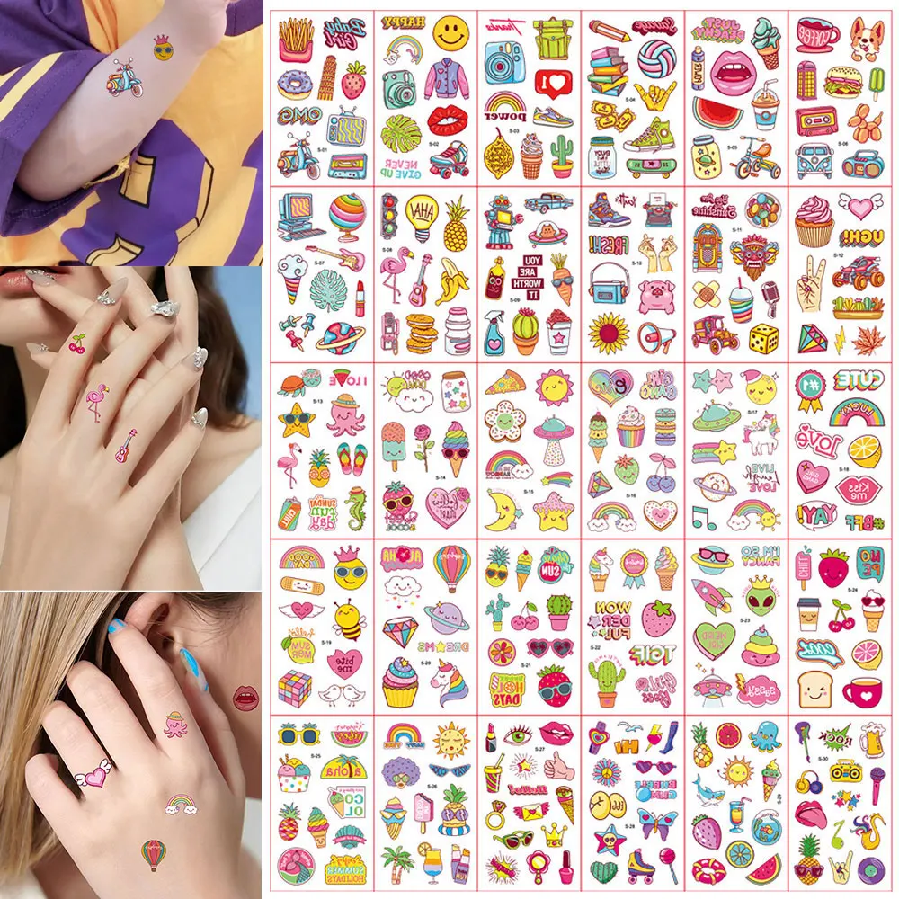 

30pcs Cartoon temporary Tattoos for Children, Disposable Fruit Sun Smile Fake Tattoo for Women Men Hand Finger