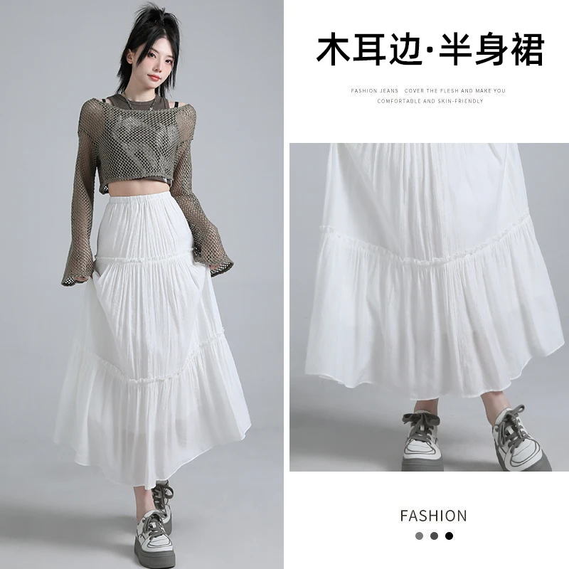 

Coigarsam Women Skirt Spring 2024 New Cute Brief Flounced Solid Patchwork High Waist White Skirts