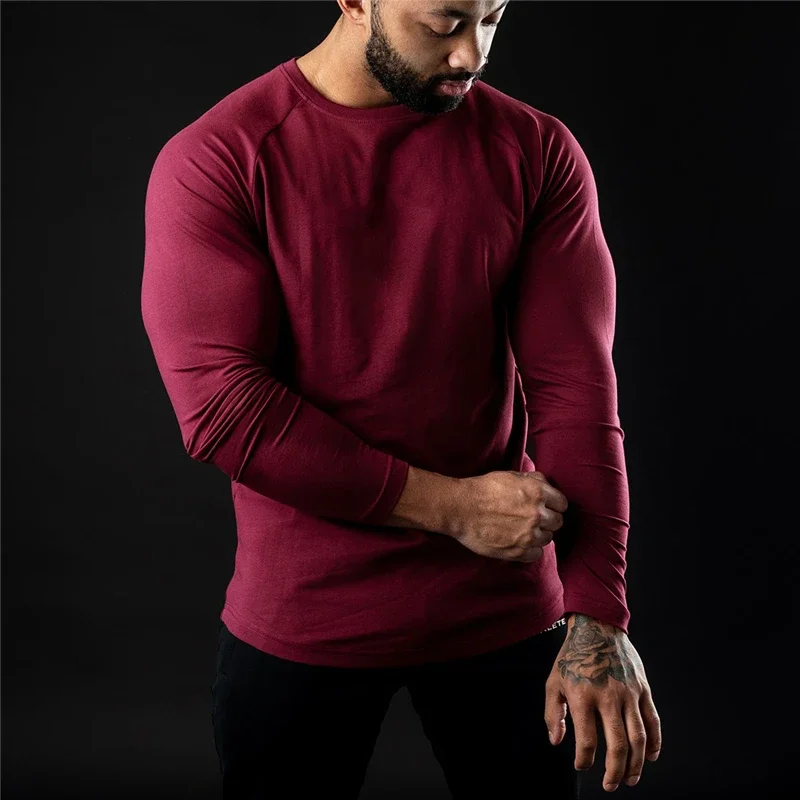 T-shirt Casual da uomo T-shirt a maniche lunghe in cotone palestra Fitness Bodybuilding allenamento T-shirt Soild abbigliamento maschile di marca di