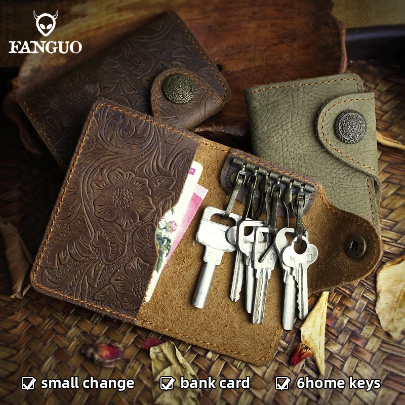 Genuine Leather Key Wallet for Men Vintage Versatile Men Car Key Holder Coin Purse Card Case Bag Home Key Organizer Housekeeper