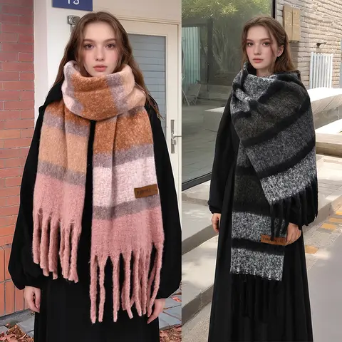 겨울 두꺼운 줄무늬 캐시미어 스카프 Pashmina Tassels 여성용 숄 레이디 패션 대형 랩 부드럽고 따뜻한 머플러 Famale 스카프