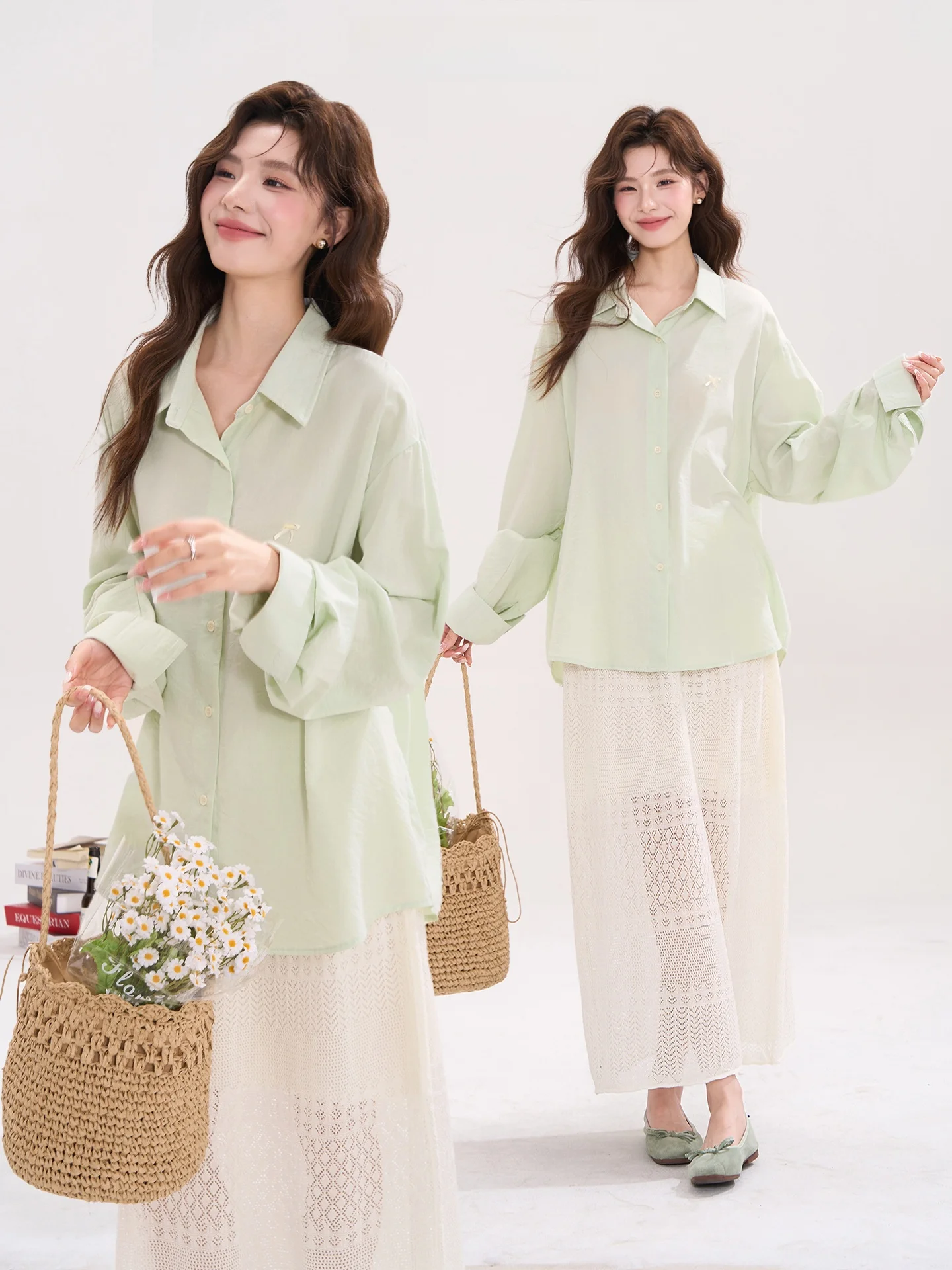 

Sweet Knot Long Sleeve Women's Shirt Korean Style Summer Top Casual Loose Fit Nylon Fabric Glued Fiber Blend