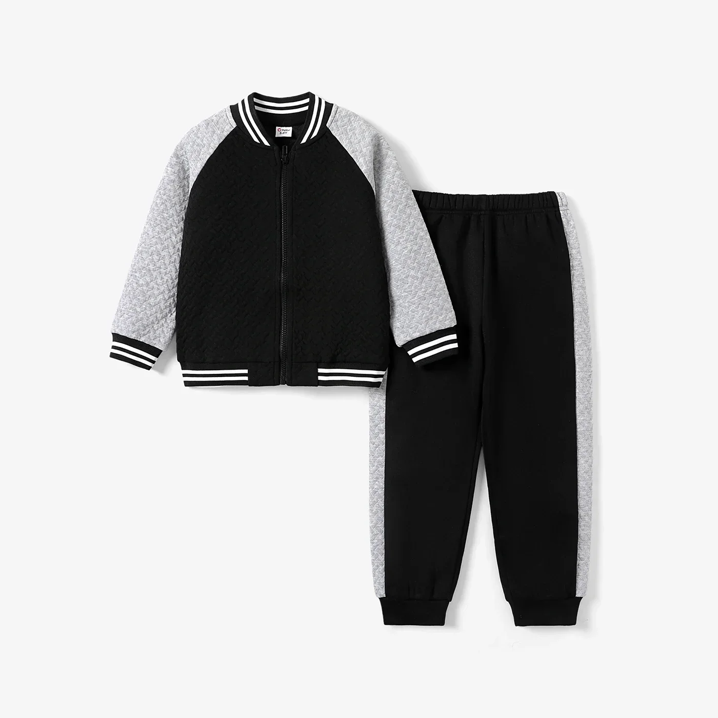 PatPat 2-piece Kid Boy Textured Colorblock Striped Zipper Bomber Jacket and Pants Casual Set Soft and Comfortable