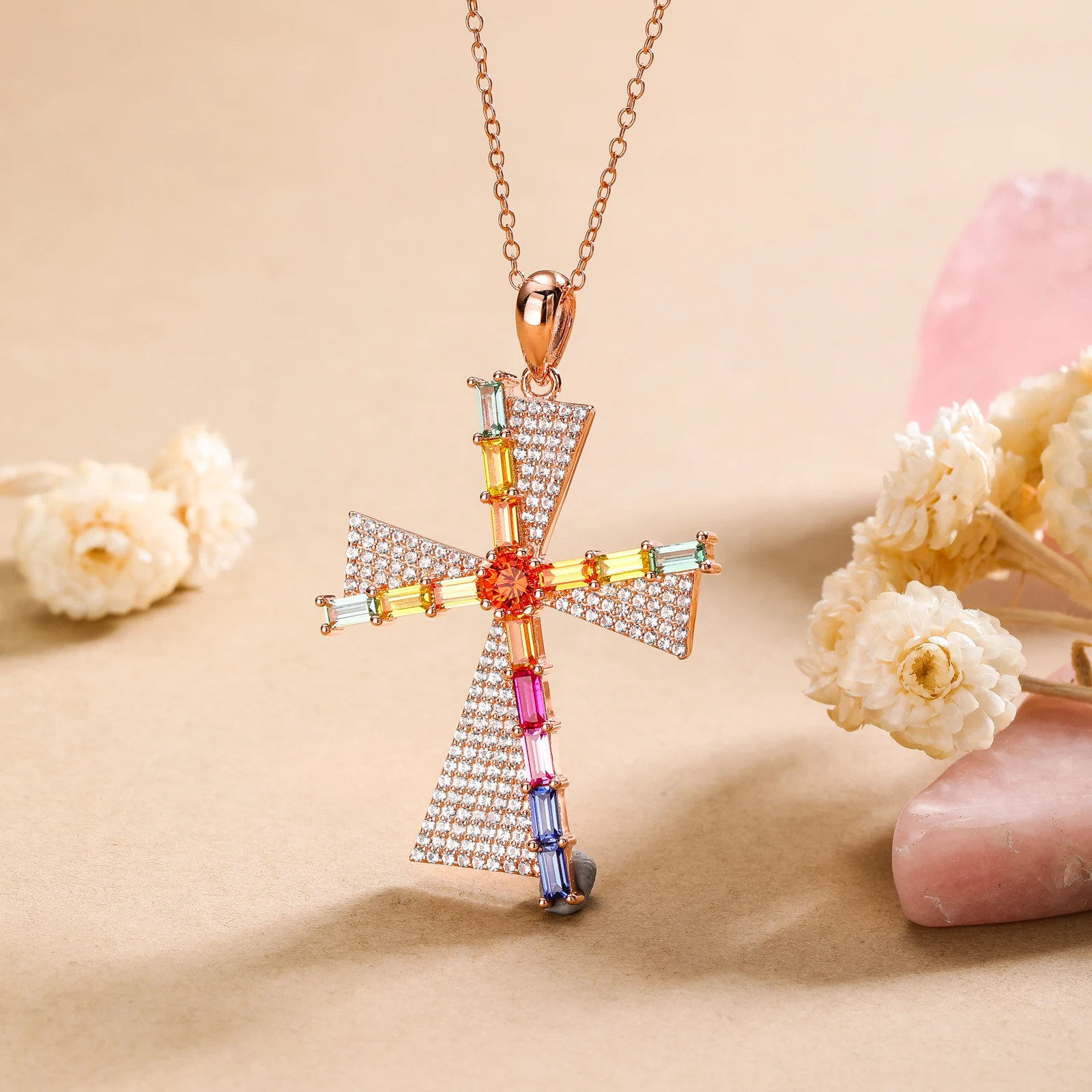 GZ ZONGFA 925 Sterling Silver Double Cross Pendant Necklace for Women 3ct Colorful Gemstone Rose Gold Necklace Fine Jewelry