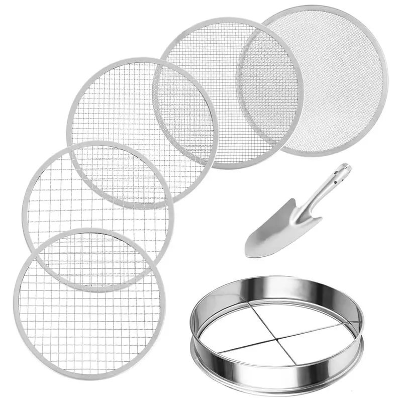 A68P-Soil Sifter Stainless Steel Riddle Sieve Set For Gardening With 5 Sizes 8In Diameter 1/3/6/9/12Mm Interchangeable Meshes