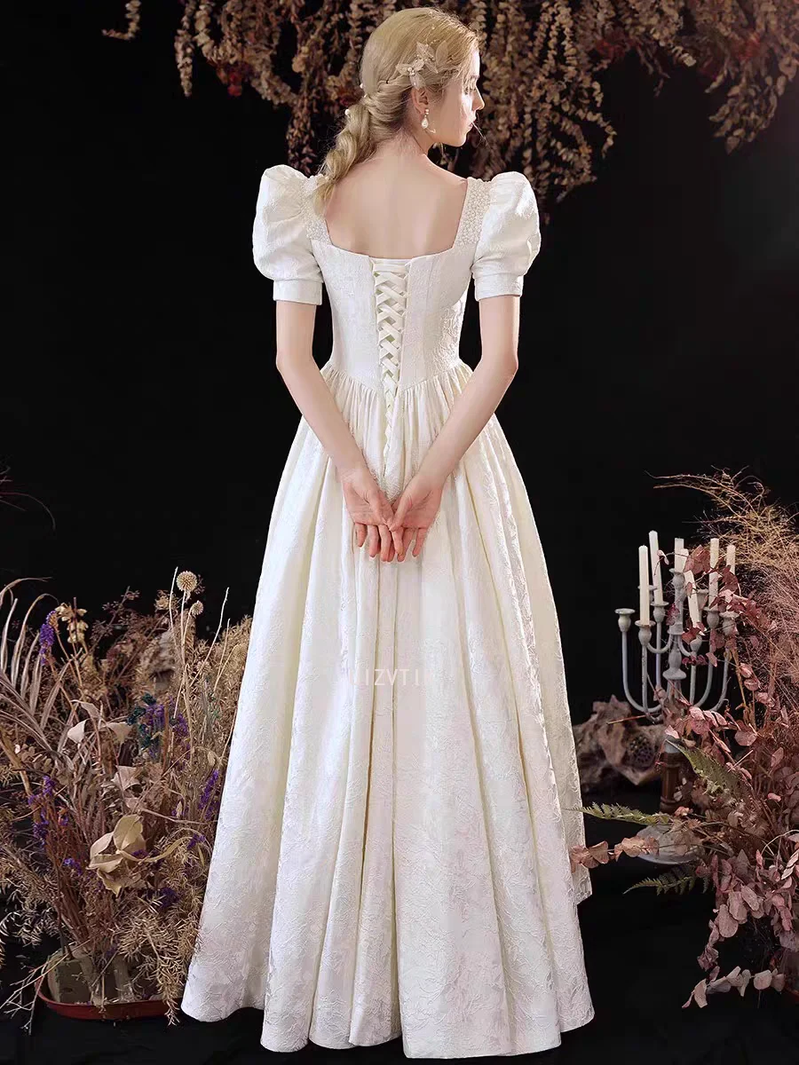 Simple White Wedding Long Dresses Women Vintage Puff Sleeve Beading A-Line Banquet Evening Party Dress Elegant Women Prom Gowns