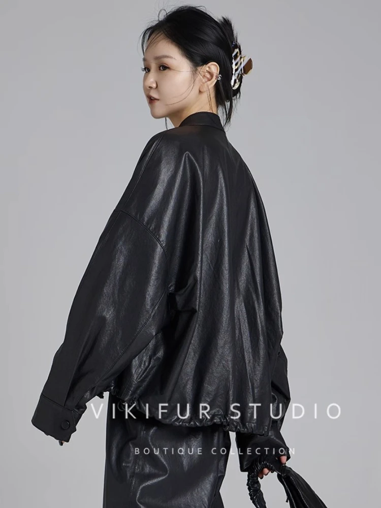 Chaquetas cortas informales de piel auténtica para mujer, abrigo de piel de oveja auténtica negro suave y holgado con cuello levantado Simple de gama alta para primavera y otoño